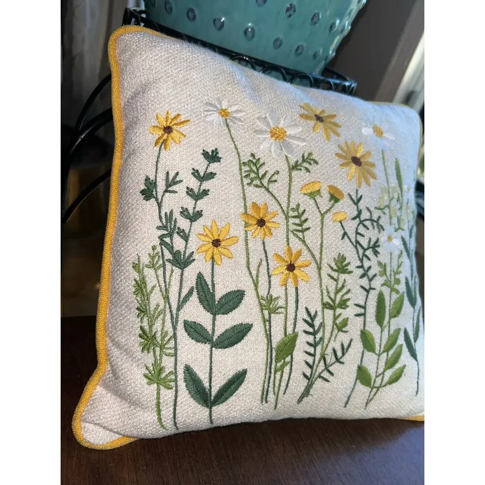 Floral embroidered throw pillow yellow flowers